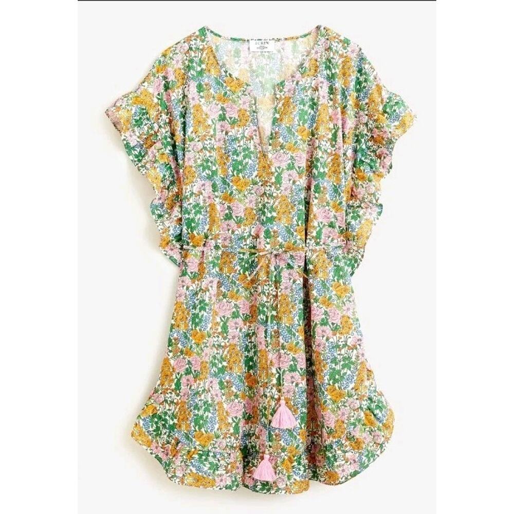 J Crew Liberty Cotton Ruffle Tassle Green Pink Floral Mini Dress XS